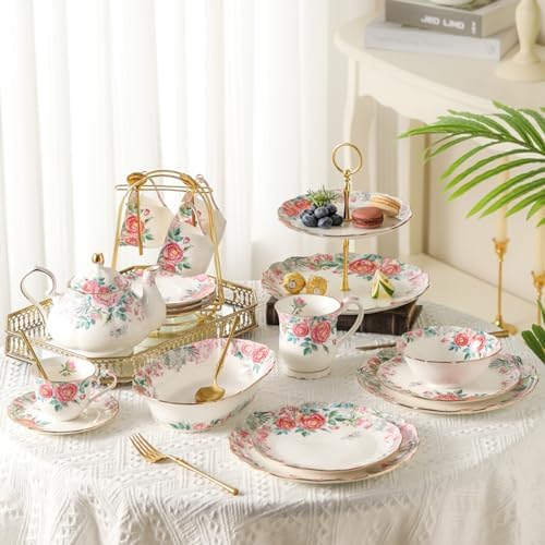 15 Piece British Bone China Tea Cup Sets, Elegant red Rose Pattern, Cups and Saucers Service for 4, with Teapot Sugar Bowl Cream Pitcher Teaspoons for Tea/Coffee, Gifts Set for Adults. - Image 2