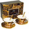 Set of 2 Porcelain Tea Cups 9.3 oz with Saucers 5.75", G. Klimt Collection by Marsseus Black Kiss, Gift Box by VictoriaBella