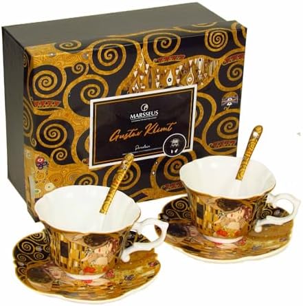 Set of 2 Porcelain Tea Cups 9.3 oz with Saucers 5.75", G. Klimt Collection by Marsseus Black Kiss, Gift Box by VictoriaBella