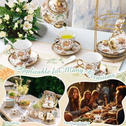 Zhehao 20 Pcs Porcelain Tea Set for Adult, with Metal Holder, Elegant - Image 3