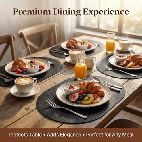 Premium Oval Faux Leather Placemat & Coaster Set with Innovative Cork-Look Printed Base，4/6/8-Piece Sets & 8 Colors，Non-Slip Dining Table Mats for Kitchen Dining - Image 5