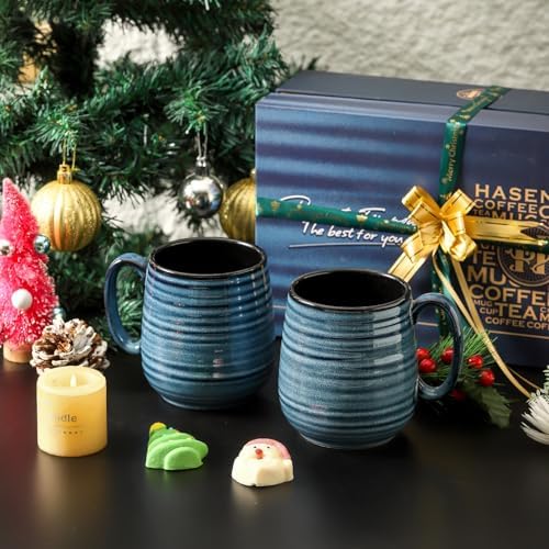 HASENSE Coffee Mugs Gift Set, 20 oz Ceramic Coffee Cups for Men and Women, Premium Large Tea Cups Gift Box with Coaster & Gold Spoon, Blue Couple Mugs for Wedding Holiday - Image 3