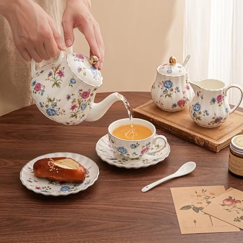Floral Small Teapot With Infuser，24oz Ceramic Tea Pot for Blooming Loose Leaf Tea, Coffee,Milk (Multicolor Floral) - Image 3