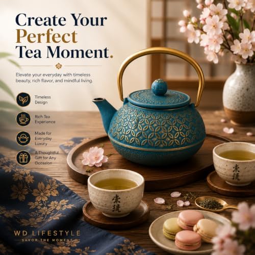 WD Lifestyle Cast Iron Teapot, 20 OZ (600 ml), Azure Blue Japanese Tea Kettle with Stainless Steel Infuser, Enameled Interior, Heavy Duty Cast Iron, Heat Retaining Loose Leaf Tea Pot - Image 6