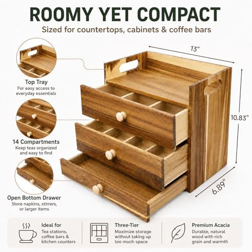 Acacia Wood Tea Bag Organizer, 3-Tier Tea Organizers with 14 Compartments - Image 3