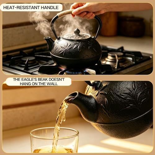 Japanese Style Tea Pot Kettle Tetsubin Gift Cast Iron Teapot with Stainless Steel Infuser for Stovetop Safe Coated with Enameled Interior (Maple Leaf, 30oz/900ml) - Image 5