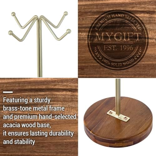 MyGift 2-Tier Brass-Tone Metal Wire Tabletop Mug Holder with Premium Acacia Wood Base, Coffee Cup Organizer Stand for Kitchen Countertops - Image 2