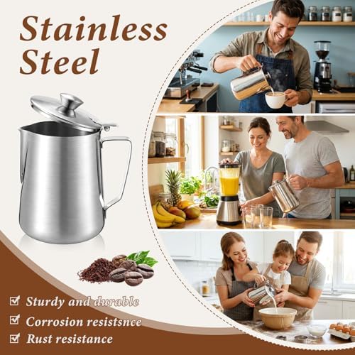 2 Pcs 33 Oz/ 1 L Stainless Steel Pitcher with Lid Milk Frothing Jug - Image 5