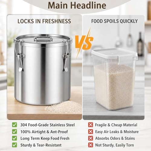 304 Stainless Steel Food Containers with Lids,12L/20LBS Airtight Food Storage Containers with Lock Clips for Flour Rice Sugar Coffee Bean,Stainless Steel Food Storage Containers for Kitchen - Image 5