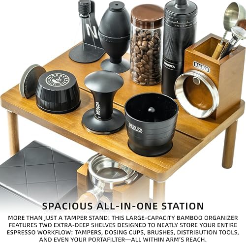 NEOUZA Espresso Organizer Station with Built-in Tamping Stand - All-in-One Bamboo Coffee Bar Workstation, Features Pull-Out Shelf, Storage for Portafilters, Tamper, Distributor & Tools - Image 4