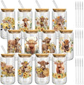 Teenyyou 12 Set of Glasses with Bamboo Lid and Glass Straw 16 oz(Highland Cow) by Teenyyou