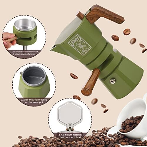Bincoo 120ML Stovetop Espresso Maker Double Valve Moka Pot with Thermostat Extractor Prevent over-extraction,Italian Espresso Moka Pot with Powder Dispenser and Filter Paper for Home(Green) - Image 4