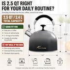 2.5 Qt Whistling Tea Kettle for Stovetop, Black - Image 3