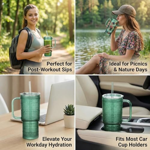 20 oz Green Glass Tumbler with Lid and Straw, Glass Iced Coffee Cups, Spill-proof Glasses Tumbler with Handle, Glasses Drinking Set of 2, Vintage Glassware for Cocktail, Smoothies - Image 5