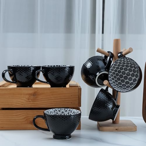 LEHAHA Coffee Mugs Set of 6, 14 Ounces footed Ceramic Mugs, Porcelain Black Coffee cups with handle for men women for Coffee, Tea, Cappuccino, Cocoa, Cereal, Black - Image 2