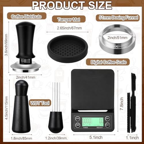 5 Pcs 51mm Espresso Accessories Kit, 3kg/0.1g Accurate Coffee Scale with Timer, Coffee Distributor Spring Loaded Calibrated Tamper WDT Tool and Dosing Funnel Set Fits 51mm Espresso Machines - Image 2