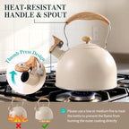 Tea Kettle for Stove Top, 2.5 Quart Whistling Tea Kettle, Stainless Steel and Wood Pattern Folding Handle, Beige - Image 3