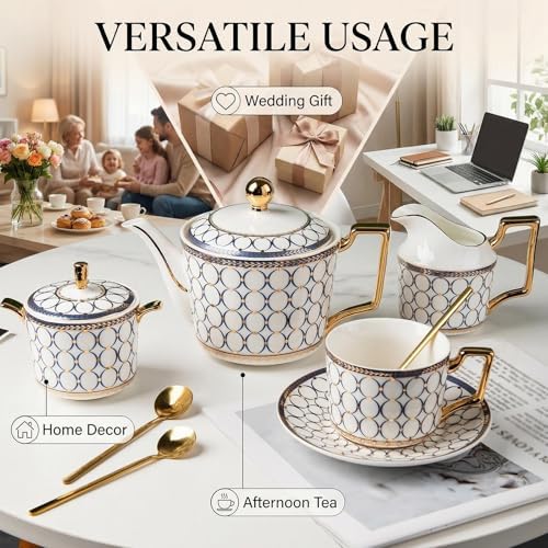 CwlwGO-European Bone China Tea Cup Sets, Blue and White Porcelain Tea Cups and Saucers Service for 4,Tea Sets For Women Party or Gifts Giving. - Image 5