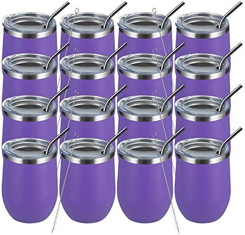 MEWAY 12oz Wine Tumbler 16 Pack Bulk Gifts for Women,Double Wall Vacuum Stainless Steel Travel Mug with Lid,Insulated Stemless Wine Cup Glass for Coffee,Cocktails,Drinks(Purple,Set of 16) by MEWAY