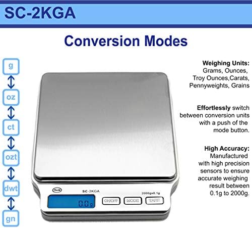 American Weigh Scales SC Series Precision Digital Kitchen Weight Scale with Adapter, Food Measuring Scale, 2kg x 0.1g (Silver), AMW-SC-2KGA - Image 3