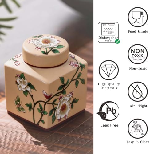 Coffee Bean Storage Canister with Airtight Lid, Decorative Ceramic Tea Jar with Vintage Floral Pattern, Sugar Container & Spice Jar for Kitchen Countertop, Cabinet or Shelf - Beige & 30oz - Image 4