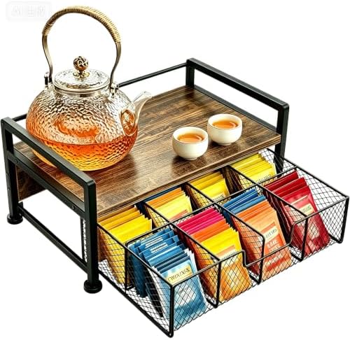 Tea Bag Organizer, Wooden Tea Box with Drawer and Top Tray, Rustic Brown by Unknown