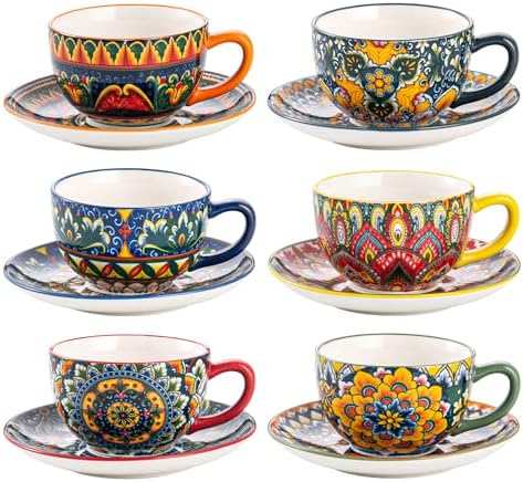 Henten Home 8.5 oz Ceramic Cappuccino Cups, Latte Cup with Saucers Set of 6 by HentenHome