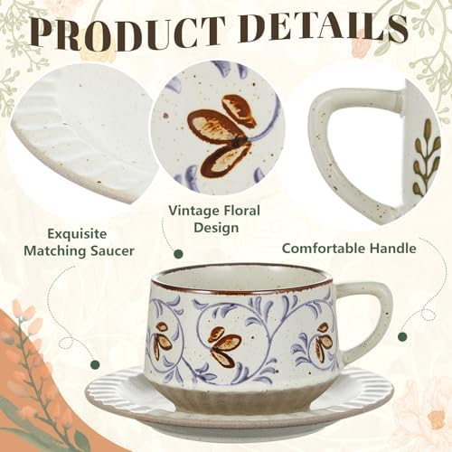 LemonRoad Vintage Tea Cup and Saucer, Set of 2, Leaves Tang Grass - Image 3