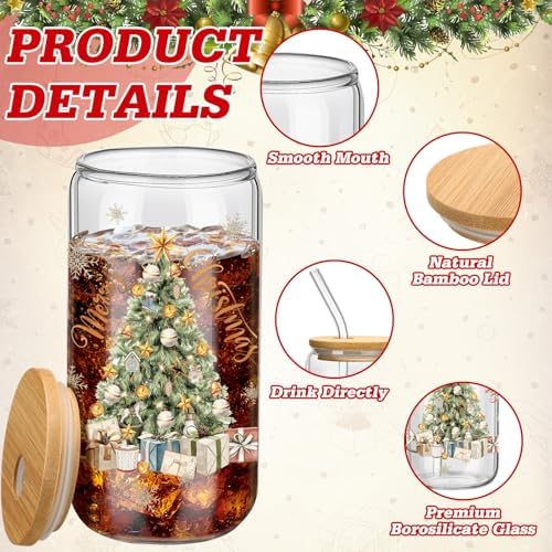 Teenyyou 12 Set of Glasses with Bamboo Lid and Glass Straw 16 oz(Christmas tree) - Image 4
