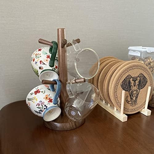 LIU- Coffee Mug Tree Holders for Counter,Wooden Tea Cups Holder Stand with 6 Hooks,for Kitchen Cafe Bar Countertops，Brown - Image 3