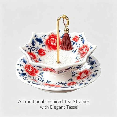 Chinese Blue and White Porcelain Tea Infuser - Umbrella Shape Ceramic Loose Leaf Tea Strainer with Rotating Filter, Traditional Kung Fu Accessories, Elegant Kung Fu Brewing Tool for Teapot or Cup(Red) - Image 4