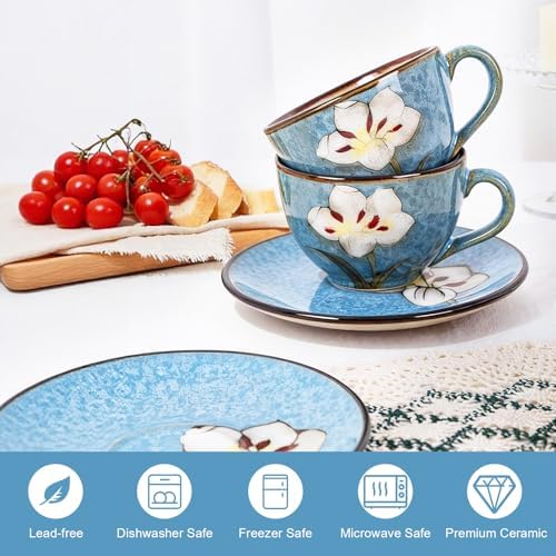8 Oz Floral Porcelain Cappuccino Cups with Saucers Set of 4, Stoneware Tea Coffee Mugs for Home Kitchen & Office, Dishwasher Microwave Oven Safe, for Espresso, Latte, Americano, Milk & Tea, Blue - Image 4