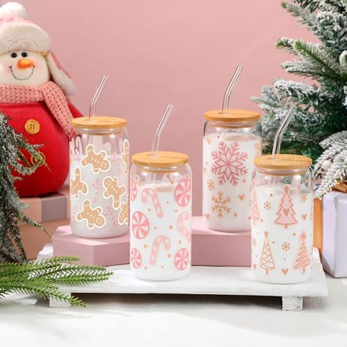 SiliFine 4 Pcs Pink Christmas Glass Cups with Lids and Straws, 16 oz - Image 2