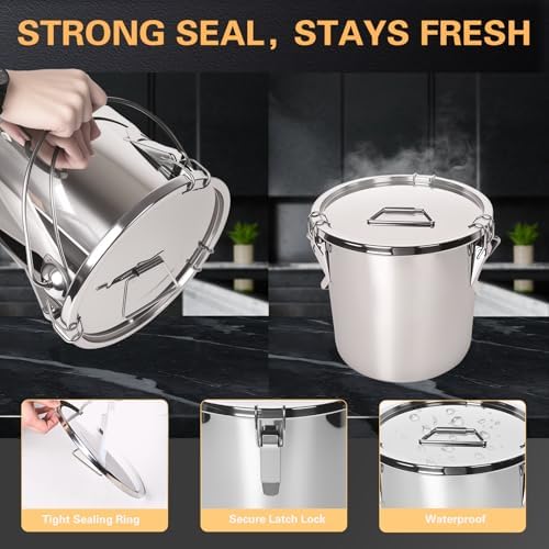 21L/5.6GAL and 12L/3.2GAL Stainless Steel Airtight Canister, Food Storage Canisters with Lid&Locking Clamp for Rice Flour Sugar Grain Coffee Bean Storage Containers (12L & 21L,2 CANISTERS) - Image 4