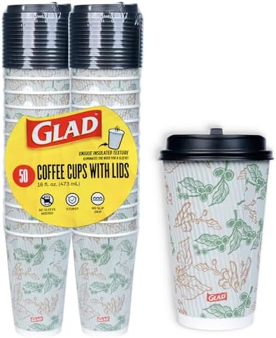 Glad Disposable Coffee Cups with Lids, Coffee Flower, 16 Oz, 50 Count by GladTrashFoodStorage