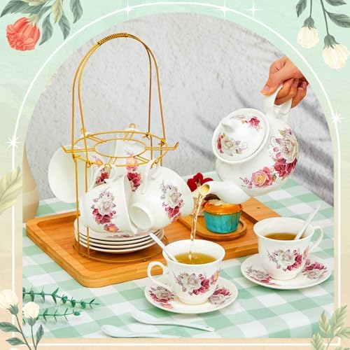 Zhehao 20 Pcs Porcelain Tea Set for Adult, with Metal Holder, Grace - Image 4