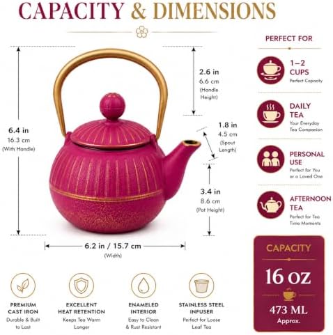 WD Lifestyle Cast Iron Teapot, Fuchsia, Japanese Style Tea Kettle with Stainless Steel Infuser, Enameled Interior, Ergonomic Gold Handle, Heavy Duty Tetsubin Tea Pot for Loose Leaf Tea 16 Oz - Image 5