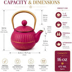 WD Lifestyle Cast Iron Teapot, Fuchsia, Japanese Style Tea Kettle with Stainless Steel Infuser, Enameled Interior, Ergonomic Gold Handle, Heavy Duty Tetsubin Tea Pot for Loose Leaf Tea 16 Oz - Image 5