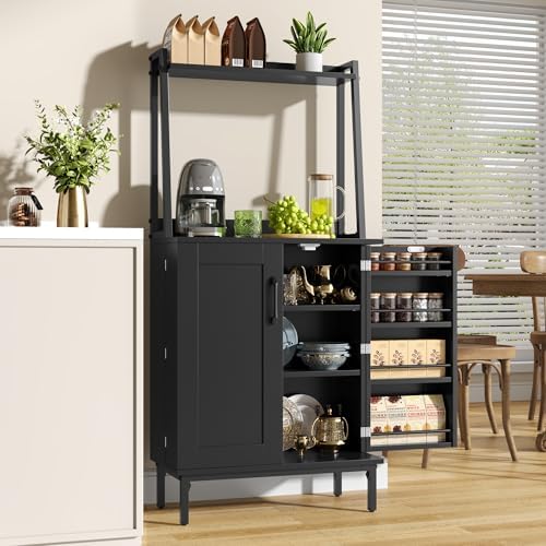 kepptory 51" Kitchen Baker's Rack with Storage, Microwave & Toaster Oven Stand, Freestanding Coffee Bar Station with Wine Glass Holder & Side Storage Shelves, Black - Image 6