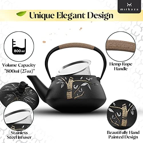 Tea Kettle, Cast Iron Tea Pot with Stainless Steel Infuser, Japanese Tea Pots for Stove Top, Unique Hand Painted Bamboo Pattern, Teapots with Enameled Interior, Tetsubin Tea Kettle, 800ML - Image 2