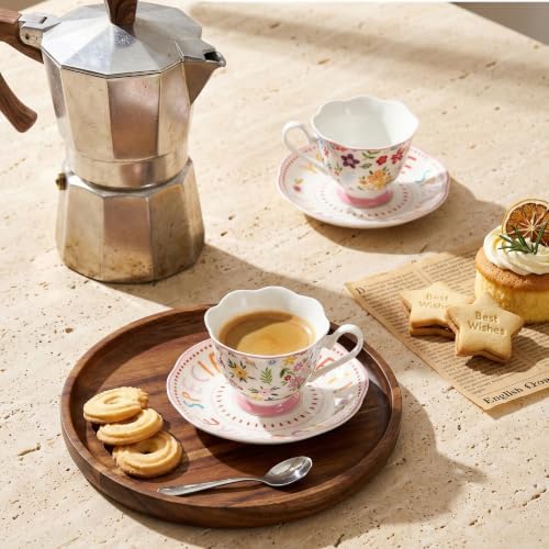 3oz Small Tea Cups & Saucers Set of 6, Floral Espresso Cups With Scalloped Edge, Ceramic Demitasse Cup for Coffee, Latte, Espresso Shot Mug for Espresso Machine, Women Gifts for Mother's Day, Birthday - Image 5