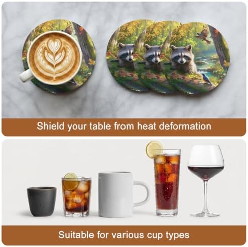 Forest Raccoon Drink Coasters Set of 8 with Holder,Absorbent Round Ceramic Coasters for Desk,Animal Bird Mountains Tree Natural Landscape Cup Mats for Home Kitchen Office Party Coffee Table Decoration - Image 7