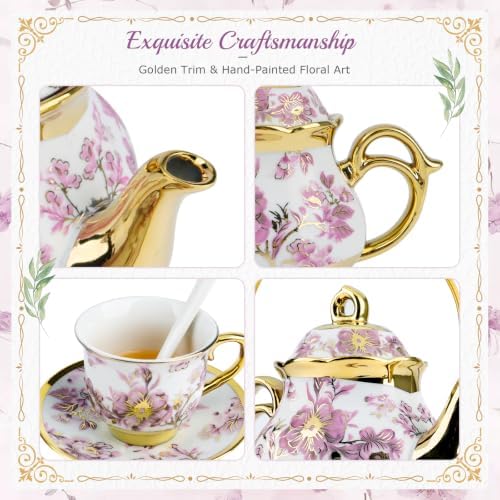 20Pcs Porcelain Tea Set with Metal Holder and Spoon, Floral Adult Tea Sets with Teapot Cups Saucers, European Ceramic Tea Parties Set for Women （Large） (Purple) - Image 4