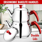 Hakan Stainless Steel 2 L, 67 Oz, Mini Double Bondy Tea Pot Set with Self Strainer Double Lids, Turkish Samovar Style Teapot Set, Tea Kettle for Loose Leaf Tea with Red Bakelite Handle 2.1-Quart - Image 5