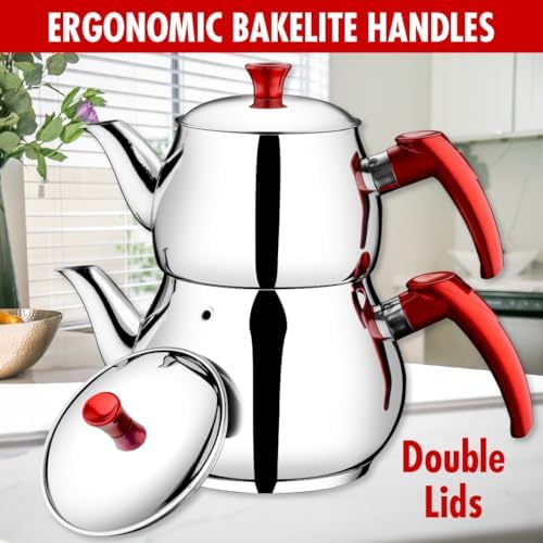 Hakan Stainless Steel 2 L, 67 Oz, Mini Double Bondy Tea Pot Set with Self Strainer Double Lids, Turkish Samovar Style Teapot Set, Tea Kettle for Loose Leaf Tea with Red Bakelite Handle 2.1-Quart - Image 5