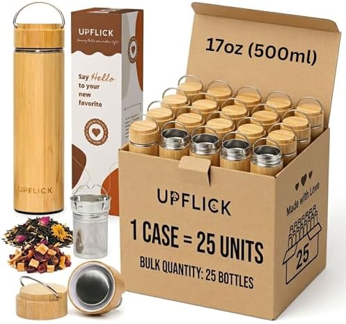 Bamboo Tea Tumbler with Infuser for Loose Tea 17 oz 25 unit Leak Proof, Double Wall, Wide Mouth, Vacuum Insulated, Ecofriendly Stainless Steal Insulated Bottle by UPFLICK