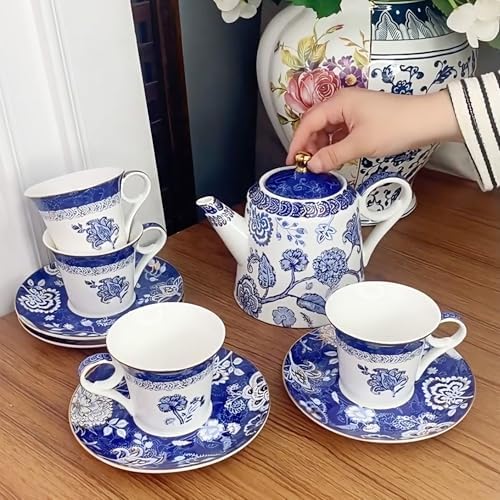 Bone China Tea Set for Adults, 13-Piece Blue and White Porcelain Tea Set for 4, Vintage Floral Tea Set With Teapot and Teaspoons, Tea Party Sets for Women Gift (Blue B) by LEPOTOCLO