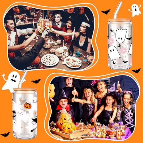 SiliFine 6 Pcs Halloween Glass Cups, 16 oz with Lids and Straws - Image 5