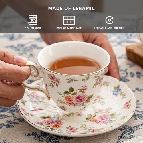 Agyiuns tea cups and saucers ceramic coffee mug 6oz set of 4 for Latte, Cafe Mocha, white with flowers - Image 3