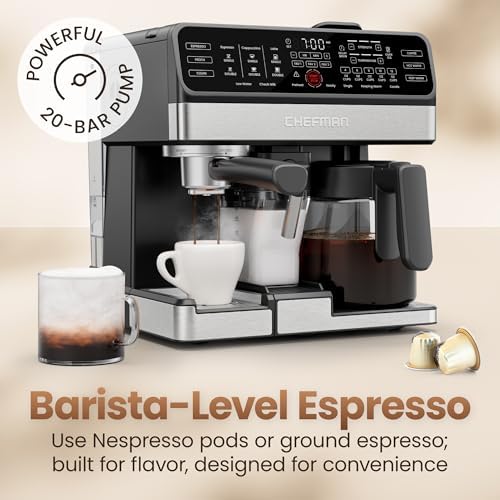 Chefman Coffee Maker Espresso Machine Combo, 8-in-1 Coffee Station with Automatic Milk Frother for Lattes, Cappuccinos, Macchiatos, 20-Bar Pump, 12-Cup Carafe & 3L Water Tank - Black - Image 4